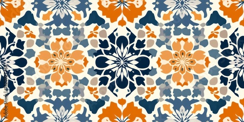 Ornate floral pattern repeats with blue orange and beige tones