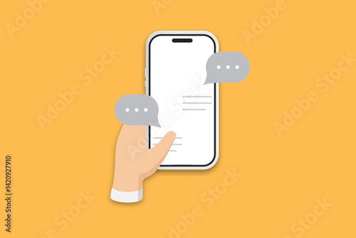 Isometric smartphone with chat bubbles and hand touching screen on orange background.