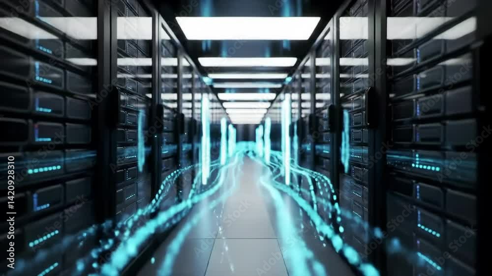 Futuristic Data Center Corridor with Glowing Blue Light Trails and Rows of High-Tech Server Racks in a Modernized Digital Infrastructure Scene