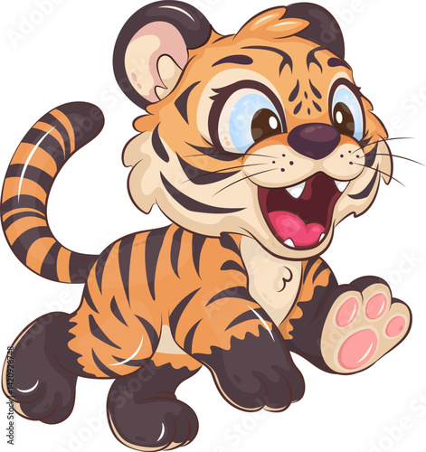 Funny cartoon tiger. Cute illustration of a cheerful cartoon tiger running. Unique design, children s mascot.
