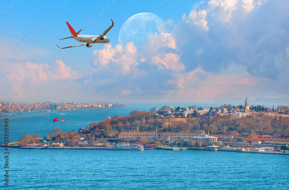 Airplane flying over the Topkapı Palace - Istanbul, Turkey
