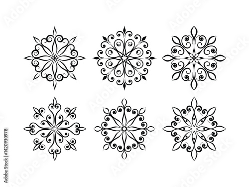 Black abstract flower symbols silhouette isolated on white background