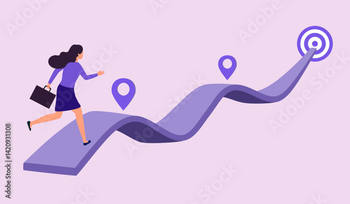 Businesswoman running to the success target, symbol of the startup, business achievement, leadership vector illustration.