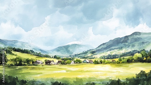Watercolor landscape painting of a rural scene with a village and mountains