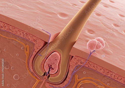 Skin and Hair Follicle Anatomy Detailed 3D Illustration of Hair Growth, Skin Layers, Sebaceous Gland.