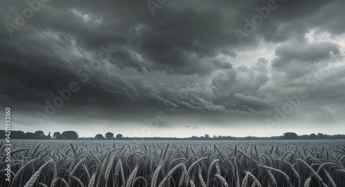 An expansive wheat field stretches out in the distance under an overcast moody sky creating a serene and contemplative rural landscape