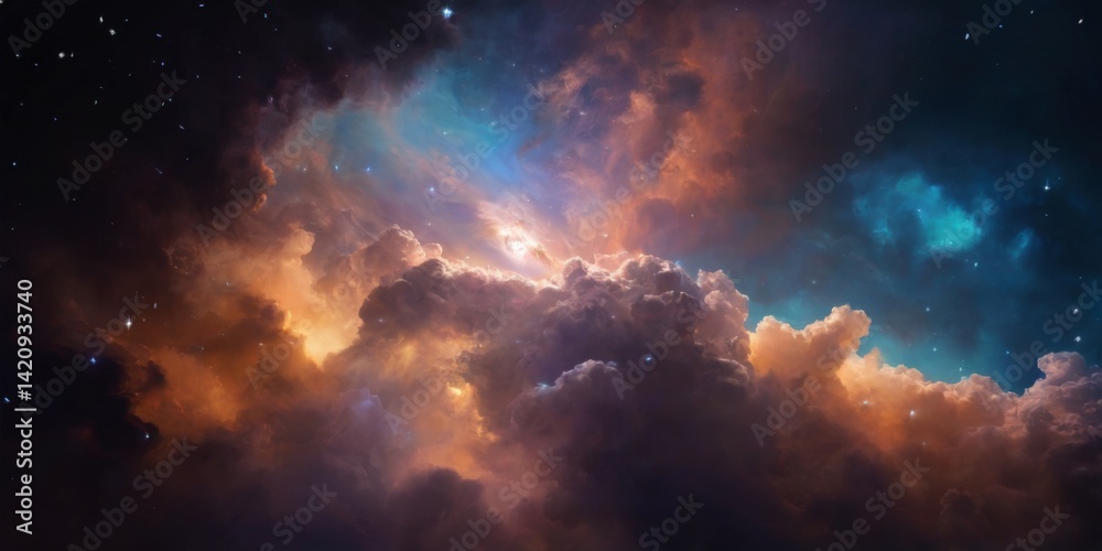 Starry Night Sky Nebula Digital Art with Ethereal Clouds and Glowing Halo on Blue Background Starry Night Sky Nebula Digital Art with Ethereal Clouds and Glowing Halo on Blue Background
