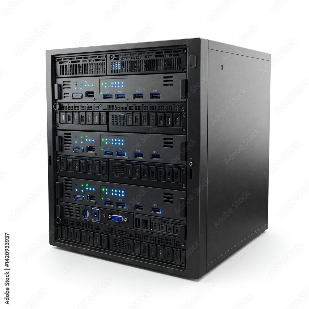 Fototapeta premium Data center server stack isolated on white background for cloud networking and enterprise system visuals 