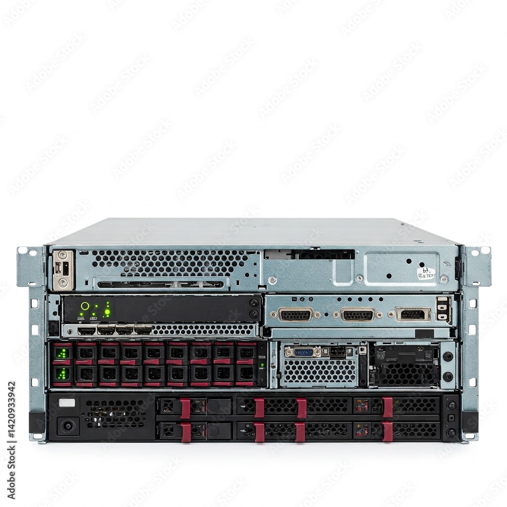 Obraz premium Modern enterprise server unit isolated on white background for cloud storage and hosting services