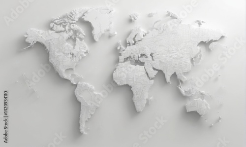 White 3D World Map with Unique Continent Shapes and Textures in Grid Formation on Plain Background  Digital Illustration