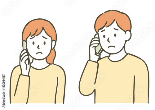 不安そうに電話をする若い男女のイラスト（連絡・トラブル・心配）