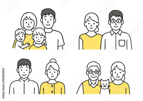 いろいろな家族構成のイラストセット（核家族・シニア夫婦・若夫婦・ペット家族）