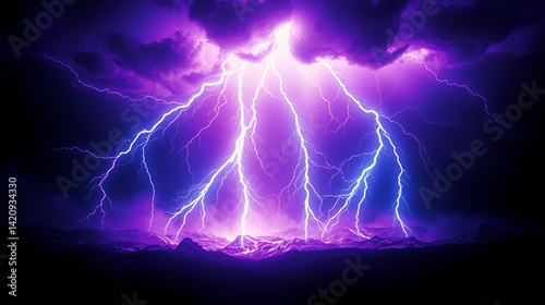 Intense purple & blue lightning bolts clashing on a dark void, creating vibrant energy, cosmic, flash