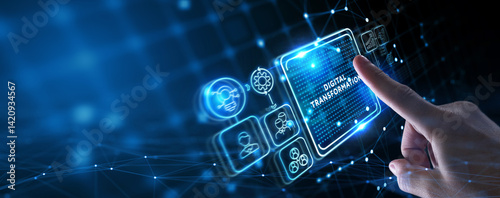Concept of digitization of business processes and modern technology. Digital transformation. 3d illustration