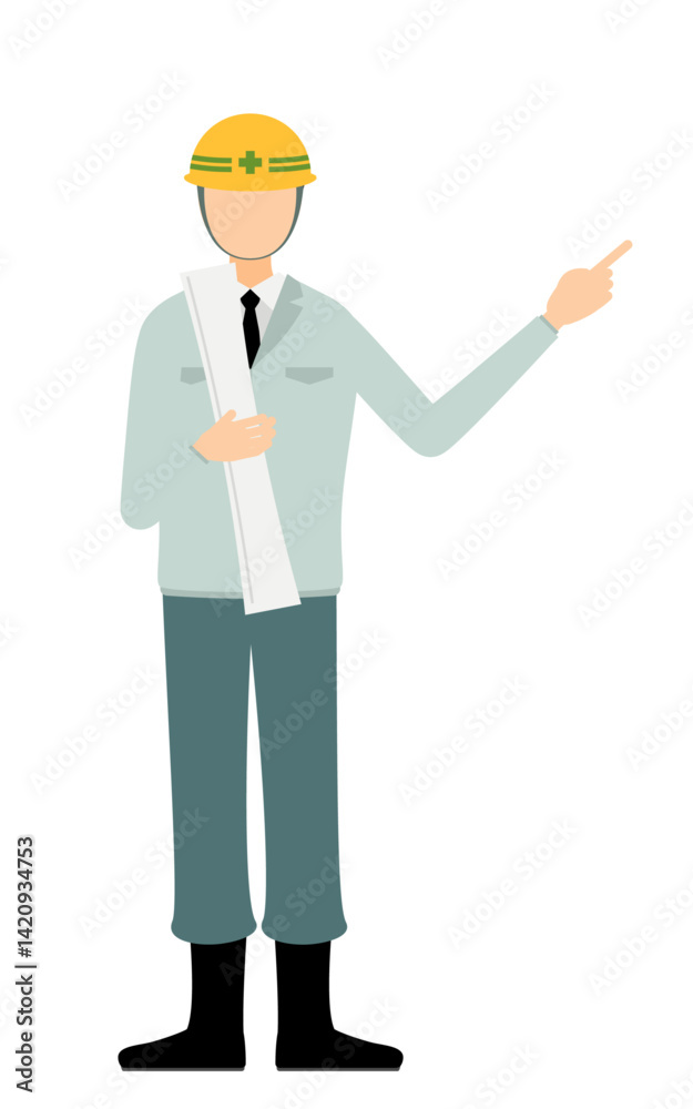 Simple illustration of a man supervisor wearing a helmet take a drawing and point to it Simple illustration of a man supervisor wearing a helmet take a drawing and point to it