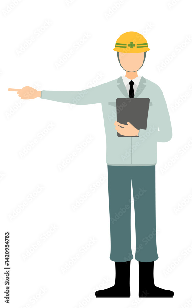 Simple illustration of a man supervisor wearing a helmet take the clipboard and point into the distance Simple illustration of a man supervisor wearing a helmet take the clipboard and point into the distance