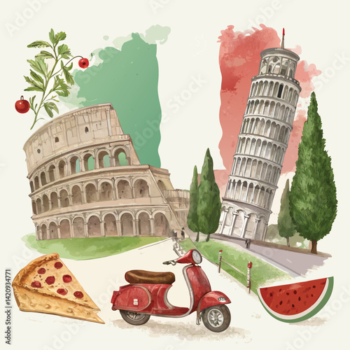 Colorful vector of Italian landmarks with scooter and pizza