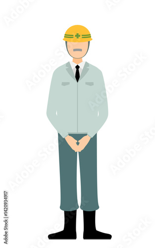 Simple illustration of a senior man supervisor wearing a helmet stand with hands together in front of his body