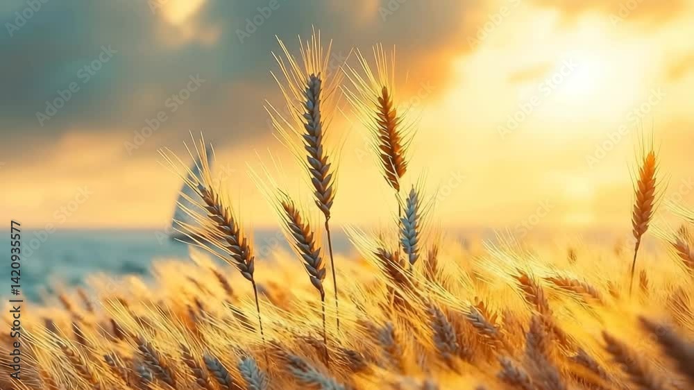 Golden Wheat Field Illuminated by Sunset Light with Sailboat in Distance Golden Wheat Field Illuminated by Sunset Light with Sailboat in Distance