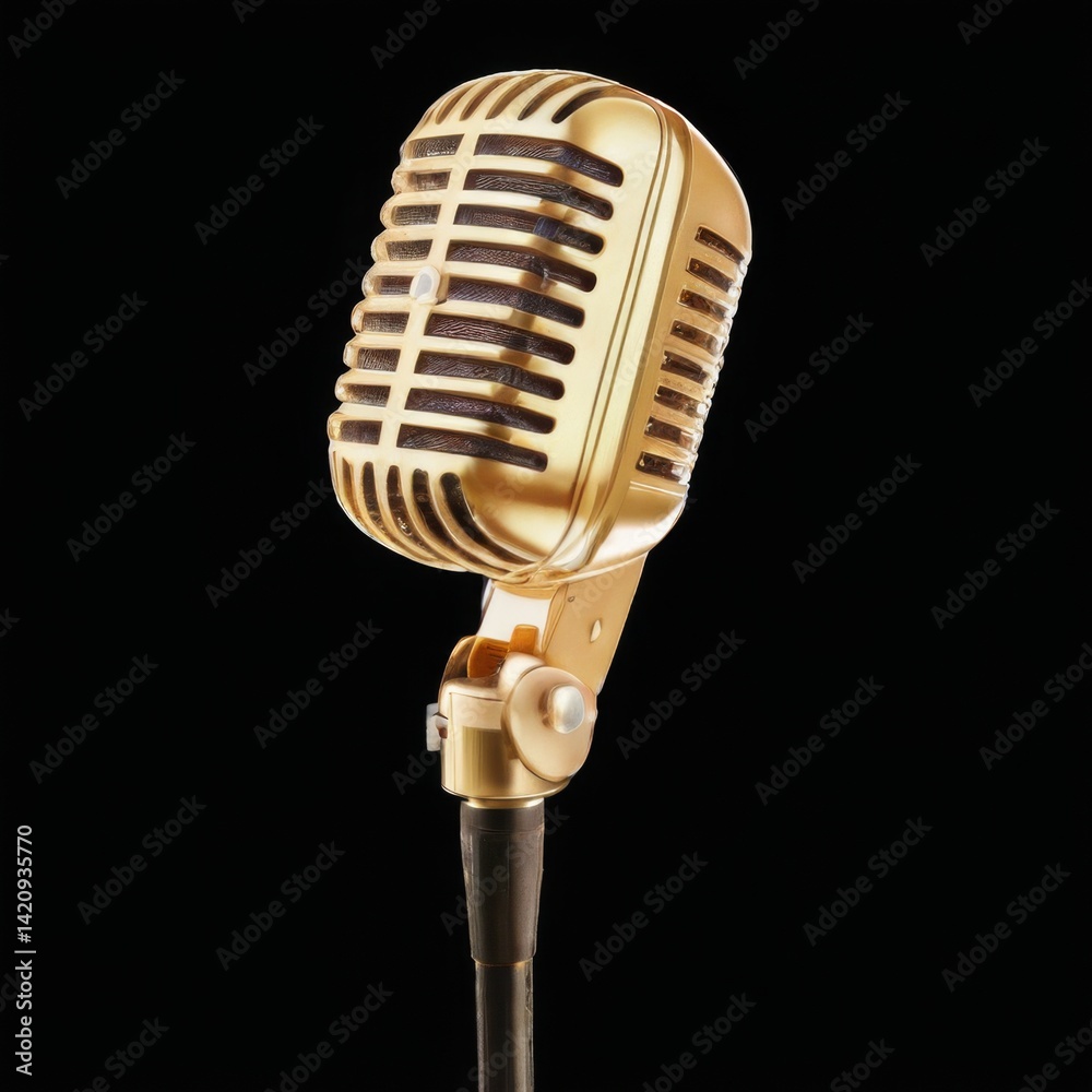 Fototapeta premium Vintage Gold Microphone CloseUp on Black Background