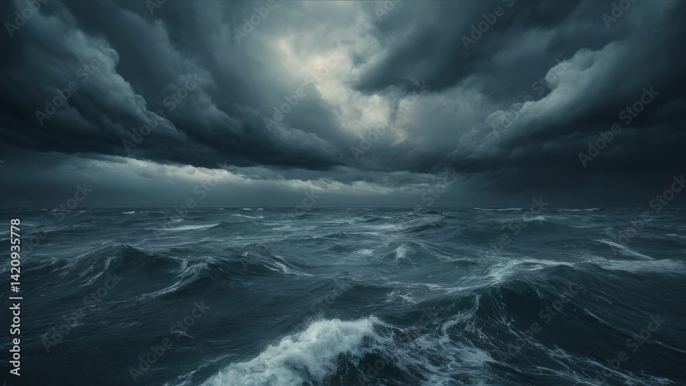 Fototapeta premium Stormy Seascape: Dark Ominous Clouds Covering Horizon with Choppy Water and Dramatic Atmosphere