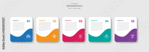 5 points template infographic with box container with swirl bottom accessories with drop shadow style with four stage list information