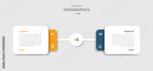 2 points comparison versus for infographic with round rectangle stacked layer with circle center connection with drop shadow with two point list information
