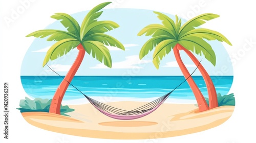 Relaxing Beach Scene with Palm Trees and Hammock by the Ocean