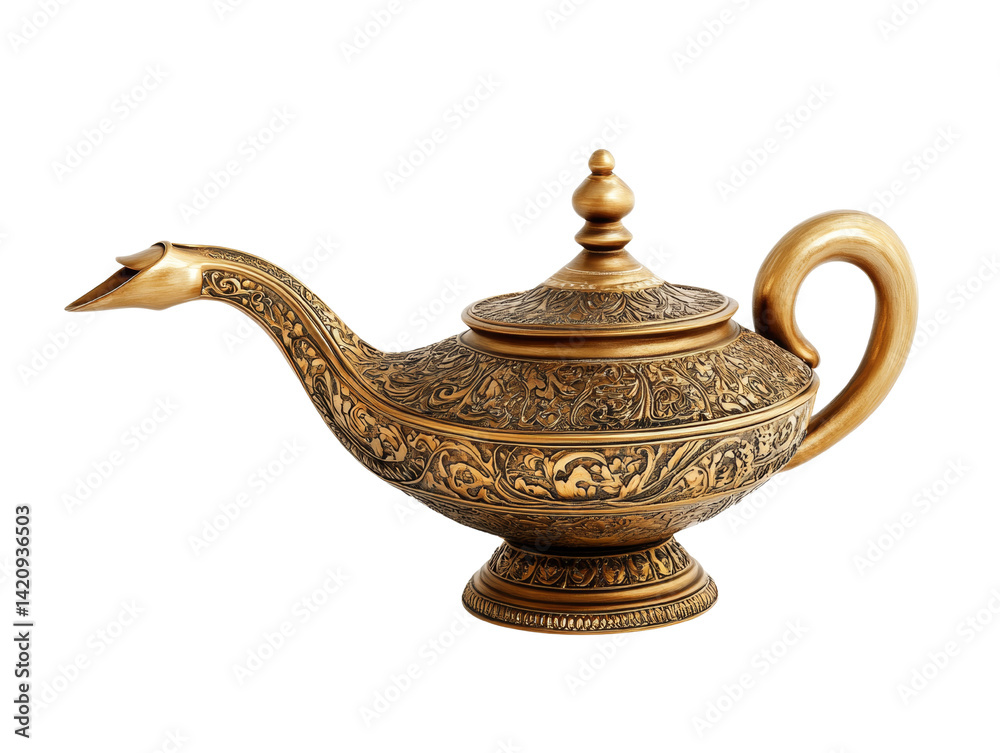 Fototapeta premium Ornate golden genie lamp radiating mystique against a stark black background