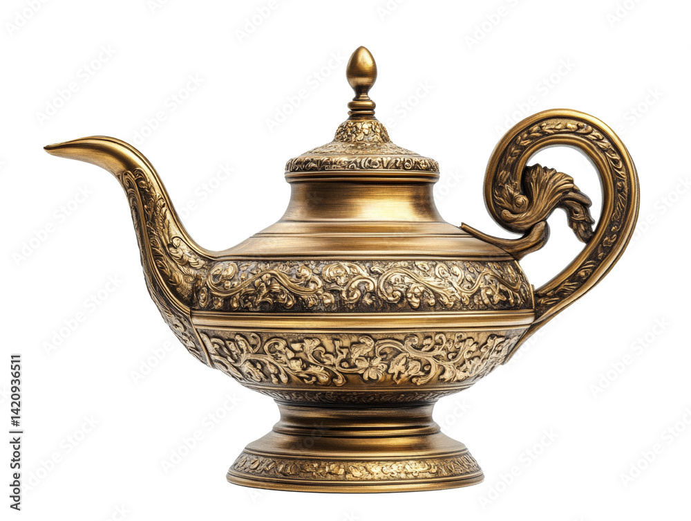 Fototapeta premium Ornate golden genie lamp with intricate details on a black background