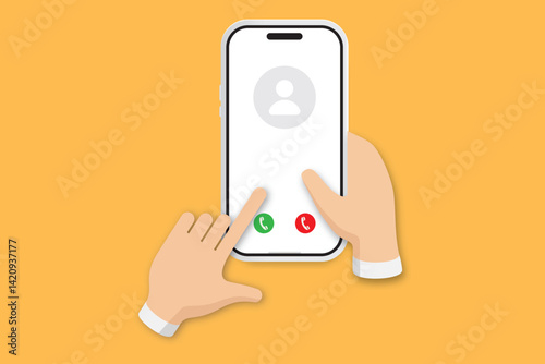 Isometric smartphone with incoming call and hand pointing red decline button on screen.