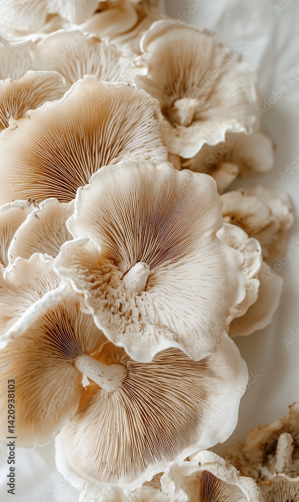 Close up view of a cluster of delicate beige mushrooms showcasing their intricate gill patterns and textures Close up view of a cluster of delicate beige mushrooms showcasing their intricate gill patterns and textures