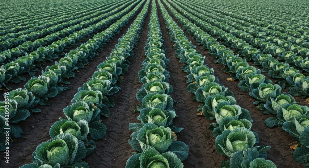 Fototapeta premium Cabbage Field Rows Green Vegetable Farming