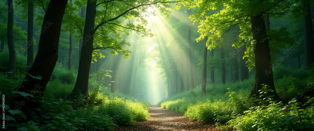 Naklejka premium Expansive Lush Green Forests: High-Resolution Nature Photography with Dynamic Lighting, Refined Foliage, and Serene Ecosystem Imagery for Photo Stock