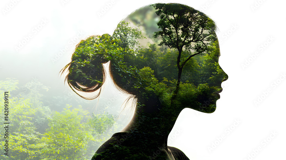 One With Nature: A striking silhouette of a woman with a lush, green forest superimposed, conveying a deep connection between human consciousness and the natural world. One With Nature: A striking silhouette of a woman with a lush, green forest superimposed, conveying a deep connection between human consciousness and the natural world.