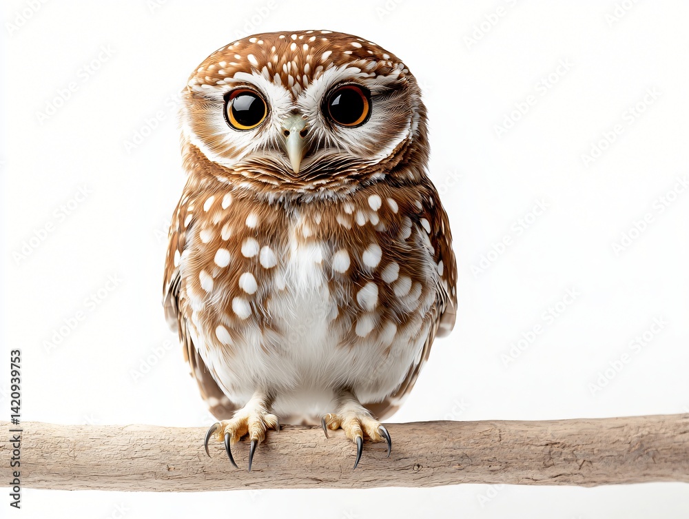 Obraz premium Adorable Spotted Owl Perched on a Branch Against a White Background Wildlife