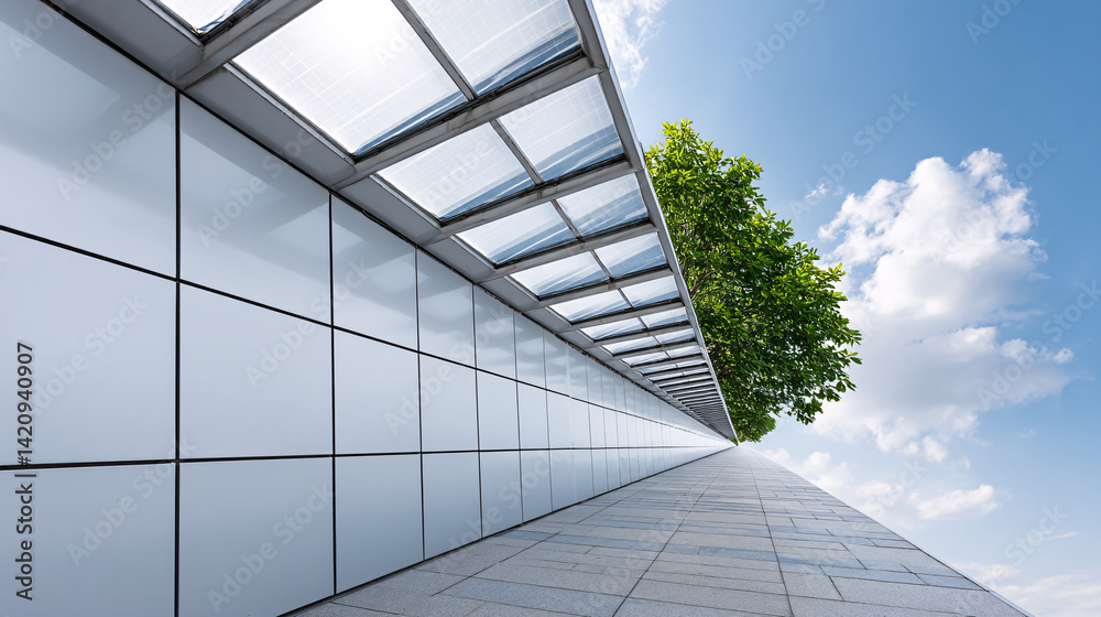 modern architectural design featuring slanted wall with solar panels and lush green tree against bright blue sky. scene evokes sense of harmony between nature and technology modern architectural design featuring slanted wall with solar panels and lush green tree against bright blue sky. scene evokes sense of harmony between nature and technology