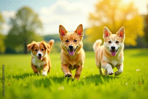 Playful dogs romping in sunny grass field, canine fun, outdoor playtime, pets, dogs, happy, animals