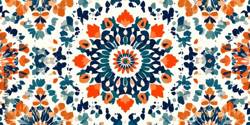 Floral abstract kaleidoscope pattern with bold colors adorns canvas