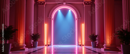 Design a grand prom night entrance visual that merges bold architectural elements dramatic lighting and refined decor to orchestrate an unforgettable arrival experience for a prestigious event. in  Ph