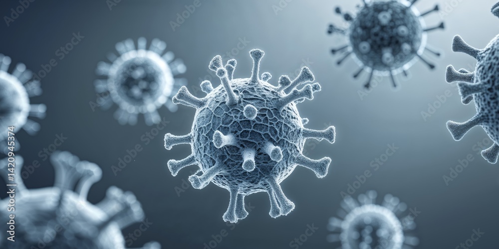 Microscopic view of virus particle structure and surface proteins Microscopic view of virus particle structure and surface proteins