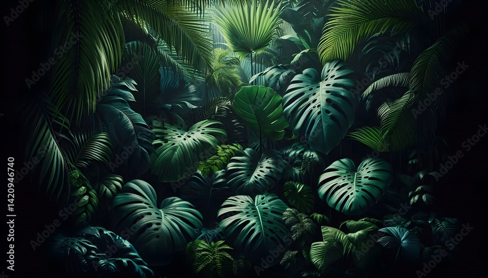 Fototapeta premium Dense tropical jungle filled with large monstera and palm leaves under dappled sunlight and lush shadows
