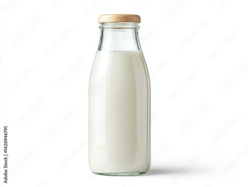 Glass bottle filled with fresh milk and wooden cap isolated on white background Glass bottle filled with fresh milk and wooden cap isolated on white background