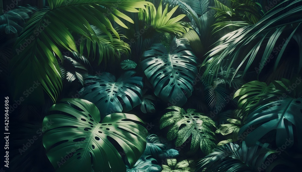 Fototapeta premium Lush green jungle covered with exotic palm leaves and monstera foliage in strong sunlight and shadow play
