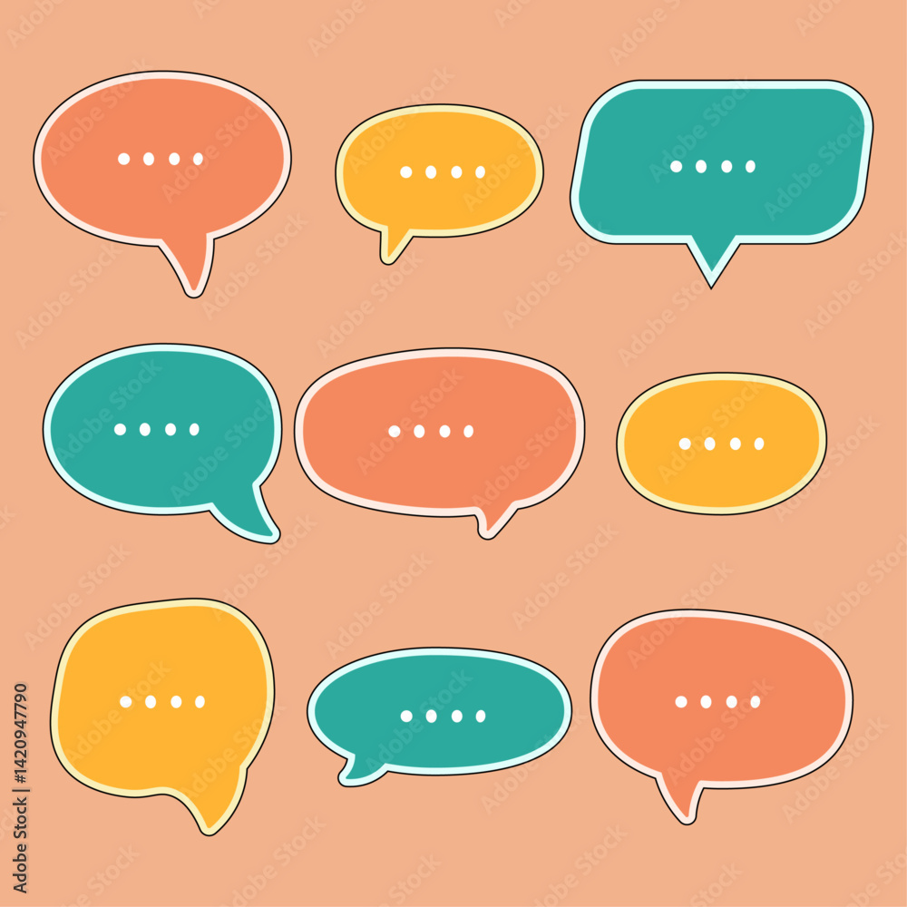 Vector illustration featuring a set of vibrant, multi-colored speech and thought bubbles on a plain background. Perfect for communication, social media, web design, and dialogue representations. Vector illustration featuring a set of vibrant, multi-colored speech and thought bubbles on a plain background. Perfect for communication, social media, web design, and dialogue representations.