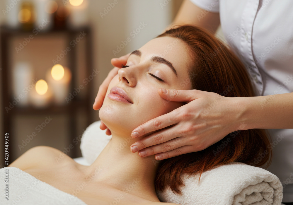 Woman enjoying a facial massage at a spa, eyes closed in relaxation, with a serene expression amidst soft spa lighting and gentle hands on her face. Woman enjoying a facial massage at a spa, eyes closed in relaxation, with a serene expression amidst soft spa lighting and gentle hands on her face.