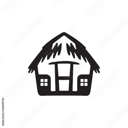 Rural straw hut in vector silhouette on white background