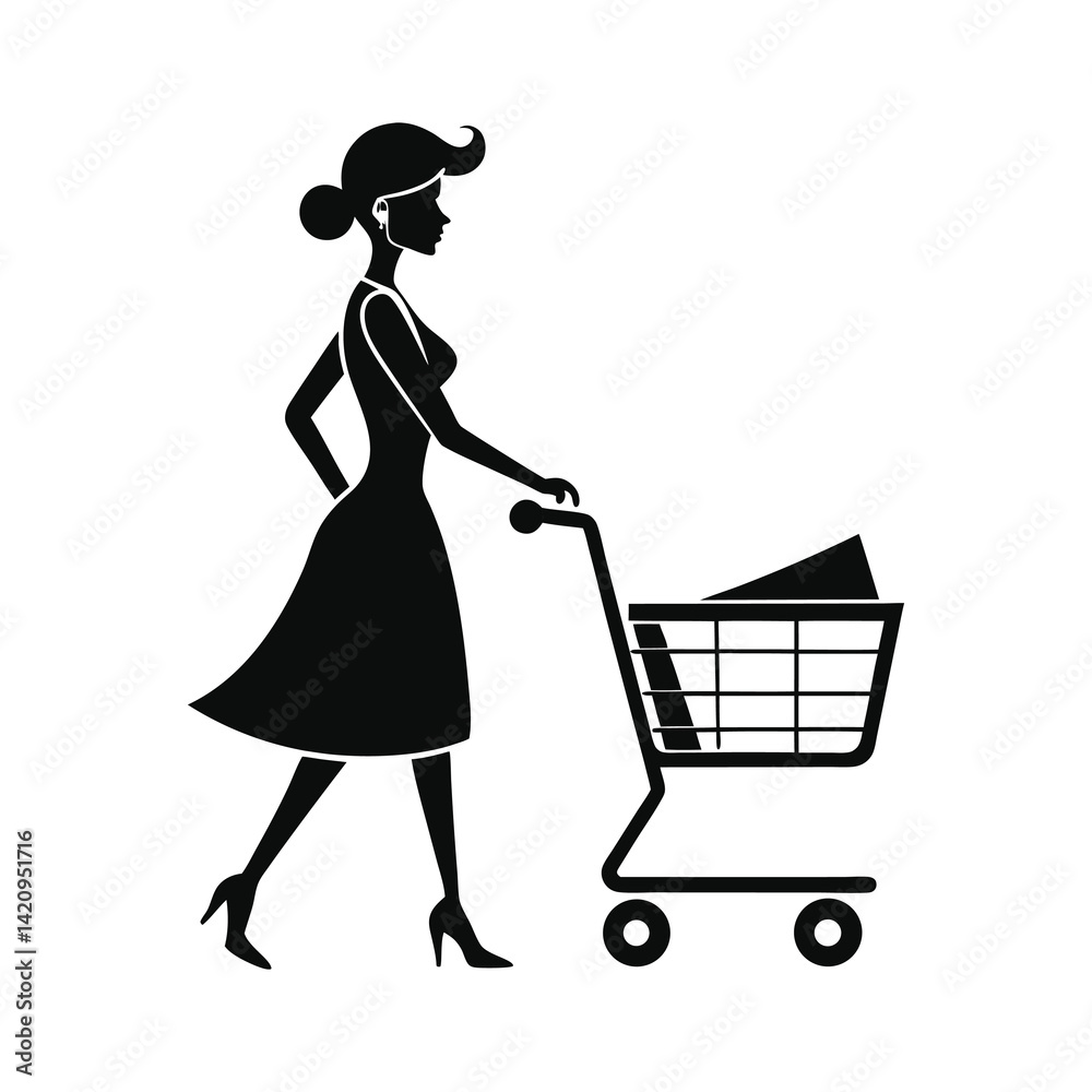 Elegant woman shopping with cart icon of silhouette vector illustration on white Elegant woman shopping with cart icon of silhouette vector illustration on white