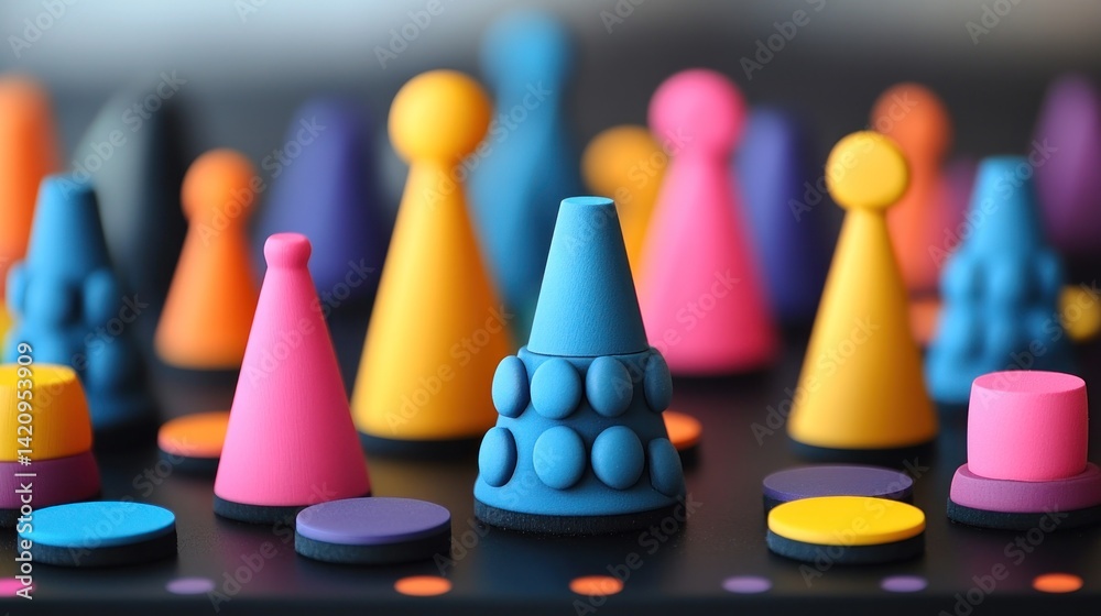 Colorful, geometric game pieces arranged on a surface. Colorful, geometric game pieces arranged on a surface.