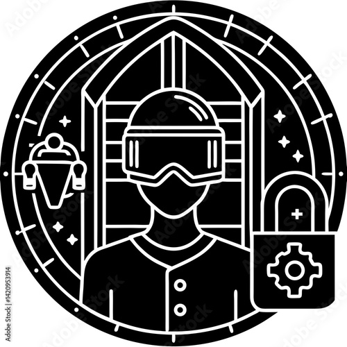 Design an immersive icon for a VR-themed escape room game. Show a character with VR goggles, puzzle pieces, and a mysterious door or keypad. Use tech tones like blue, black, and neon purple.

